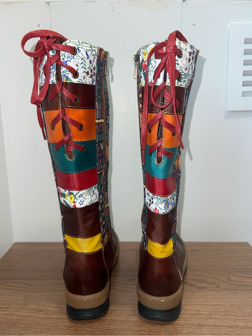 Tall Leather Tapestry Boots Women’s 39 (8.5) Boho Zip - Picture 4 of 10